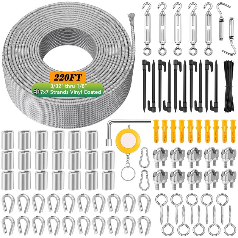 Comkrivy 220 FT 1/8" Wire Rope Kit, 304 Stainless Steel Cable with M5 Turnbuckles for Cables Wire, Vinyl Coated String Lights Hanging Wires for Outdoor Camping, Trellis, Garden, Clothes line, Curtain, Festival - Image 1